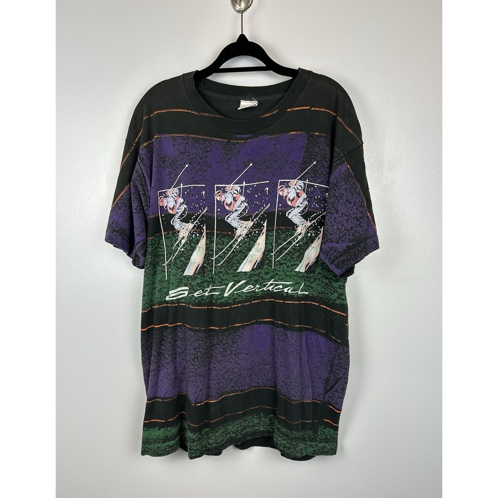 VTG 80s 90s Girardin Single Stitch‎ T-Shirt XL Ski Retro Neon Graphic All Over